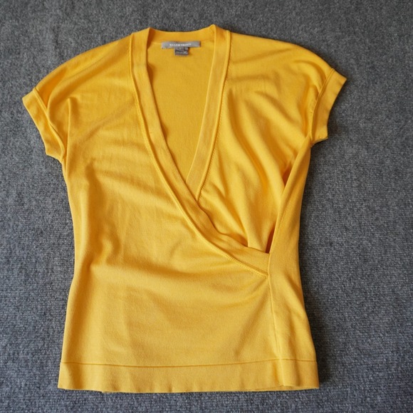 Ellen Tracy Top Womens Small Yellow Silk Blend Wrap V Neck Short Sleeve - Picture 1 of 8